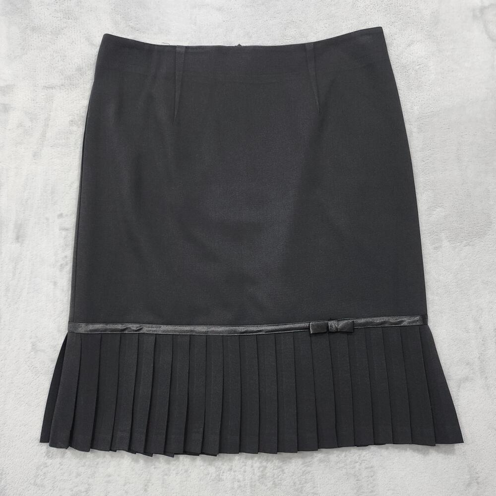 Vintage AGB Skirt Womens 10 Black Pleated Bow Hem Pencil Stretch Lined Preppy